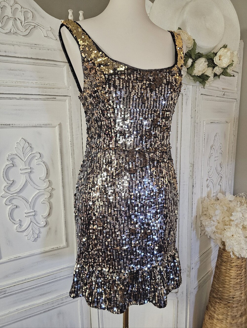 Adrian Mattox Metallic Gold Sequins Flirty Mini Party Dress